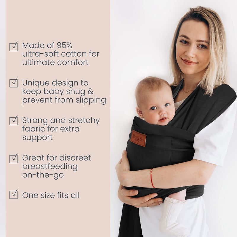 Max&So Baby Wrap Carrier - Premium Cotton Baby Carrier Wrap for Newborn to Toddler- Infant Carrier- Baby Holder One Size Fits All with Front Pocket (Black) by Max&so - Image 5